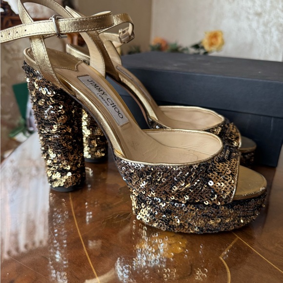 Jimmy Choo Gold Glitter sequin Heels 
Platform Pumps Sz 39.5 - Picture 5 of 16